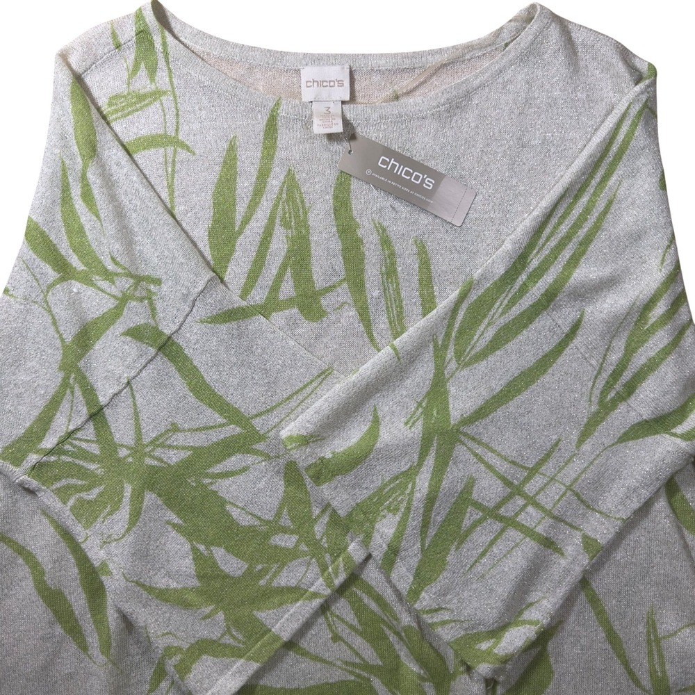Chico's Metallic Lightweight Knit Blouse 3/4 Sleeve‎ Boat Neck Green Beige NWT 3